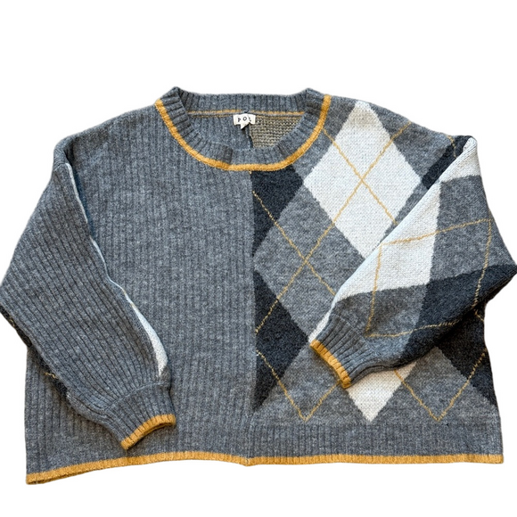 POL Sweaters - Pol gray/gold pullover plaid sweater sz S